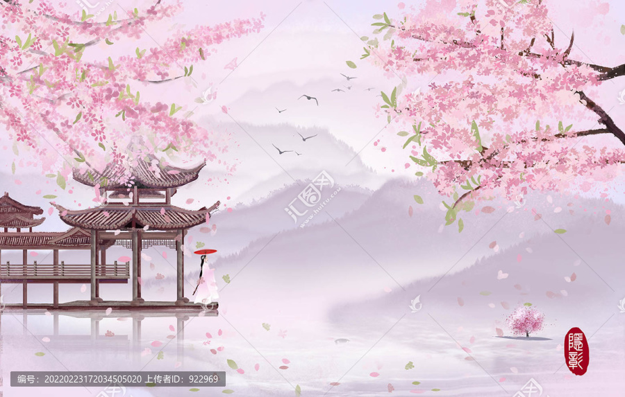春天背景壁紙古風意境涼亭桃花