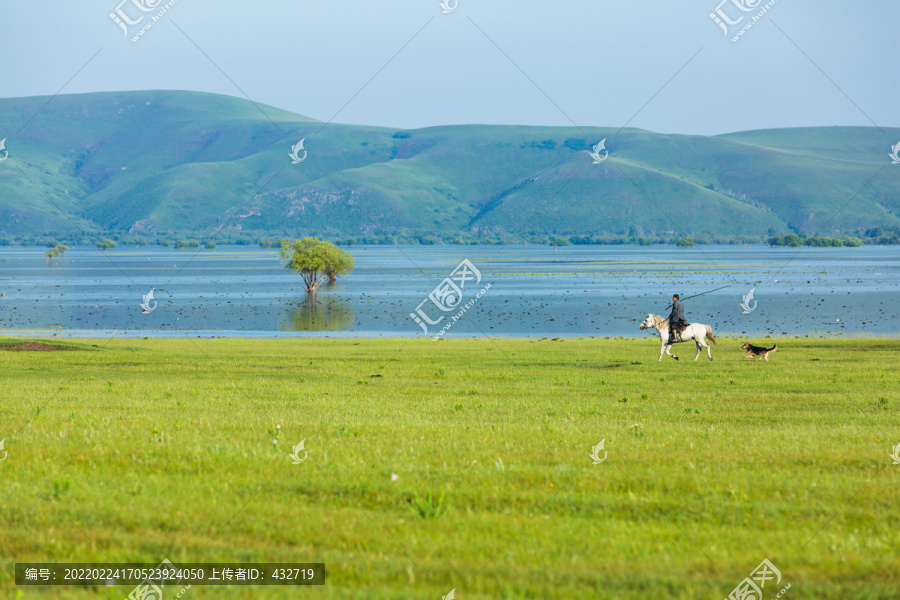 夏季河流草原牧场骑马