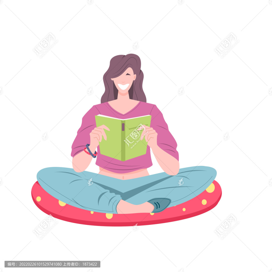 女孩盘腿阅读书籍插图