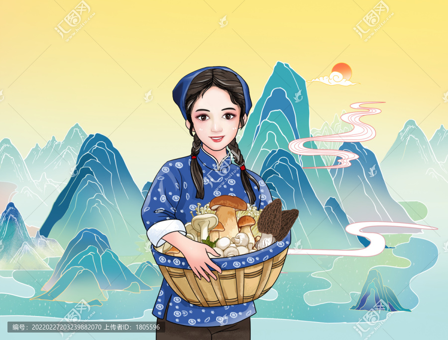 山珍采蘑菇的小姑娘分層