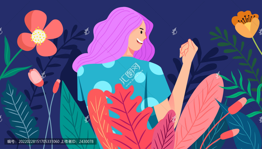 女人背影扭头鲜花插画