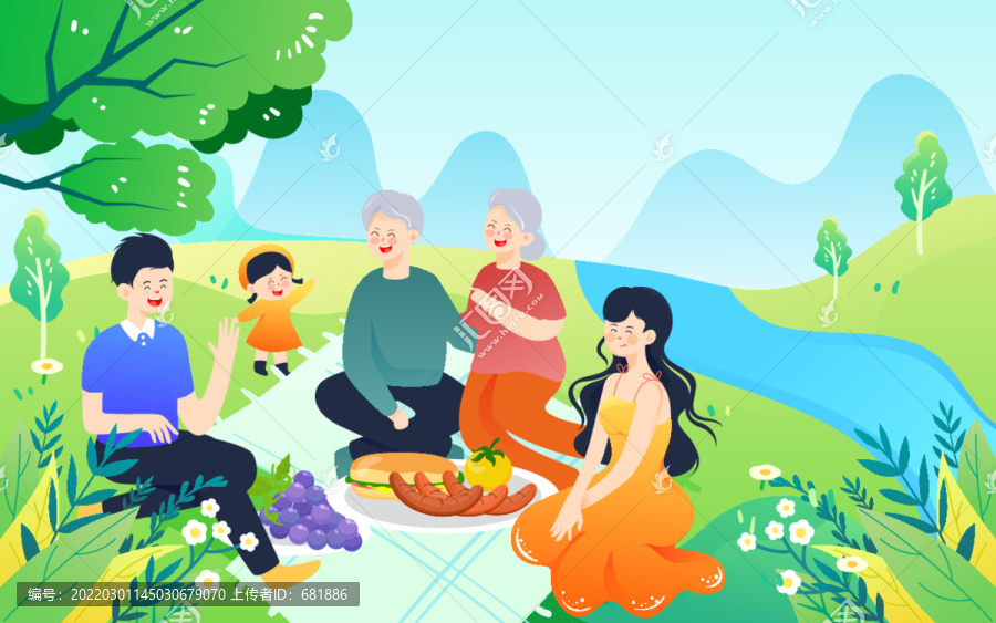 春天一家人春游春季踏青插畫