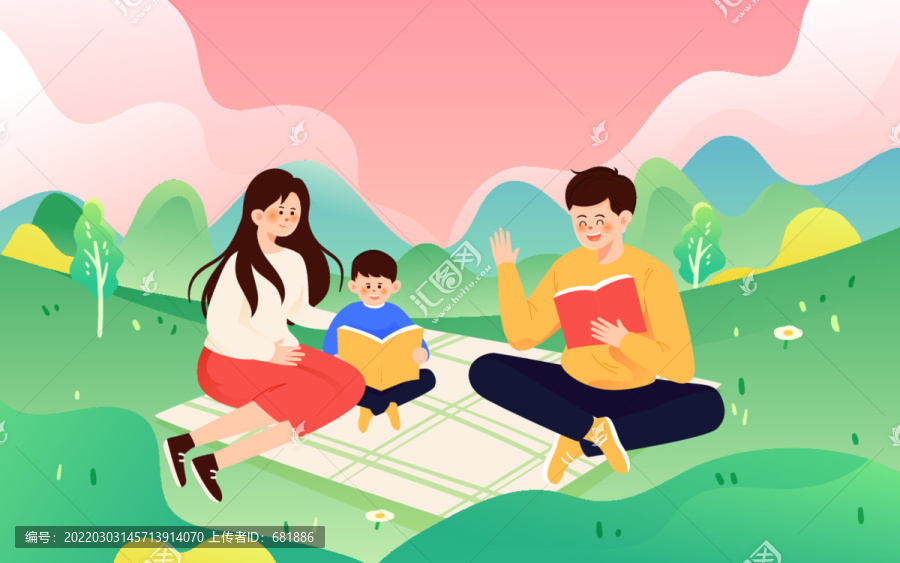 親子教育閱讀一家人春游插畫