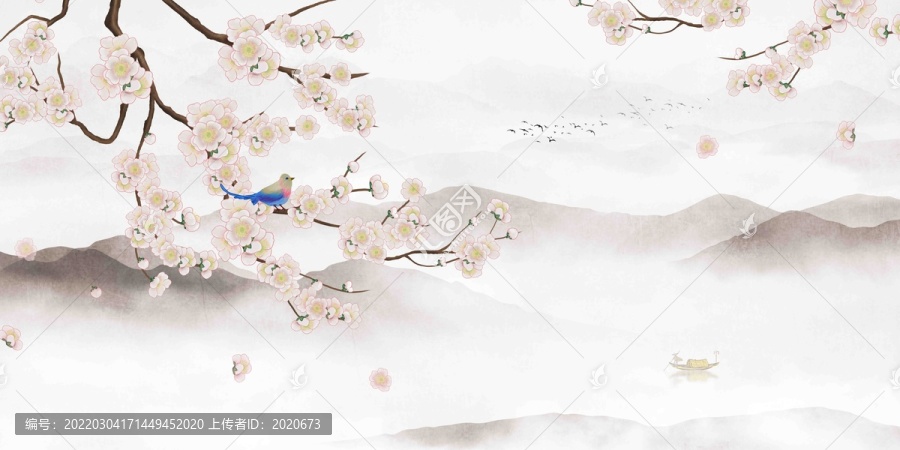 新中式花鸟山水壁画背景墙