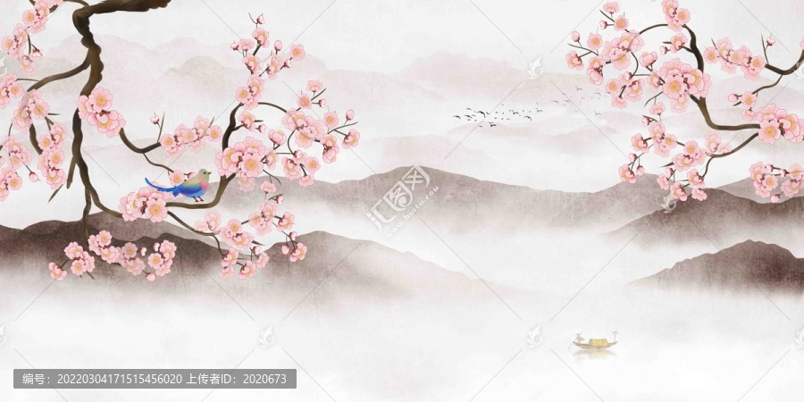 新中式花鸟山水壁画