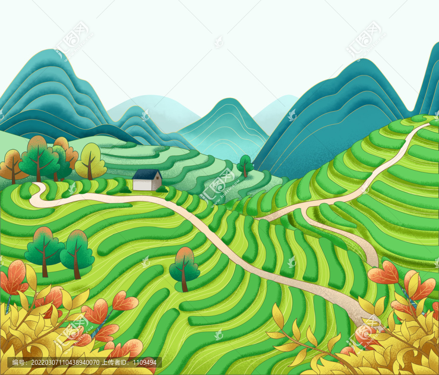 梯田茶葉風景包裝插畫