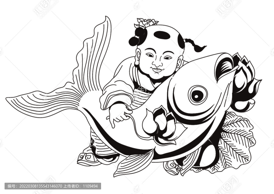 童子抱鯉魚插畫