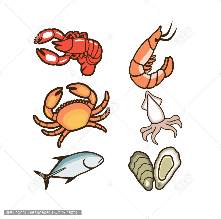 龍蝦螃蟹生蠔章魚海鮮矢量素材