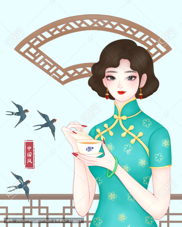 燕窝包装旗袍美人插画