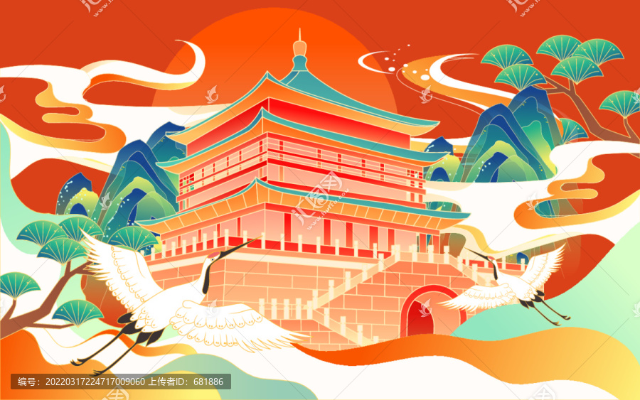 西安鐘鼓樓地標(biāo)建筑國潮插畫