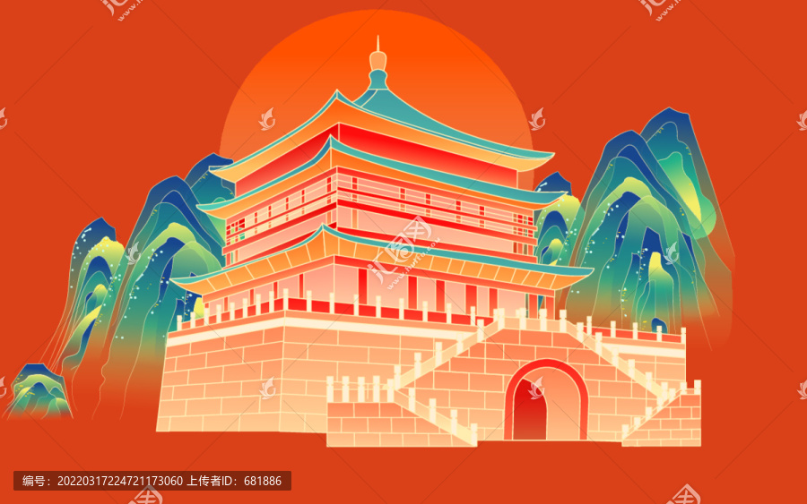 西安鐘鼓樓地標(biāo)建筑國潮插畫