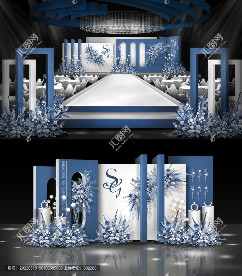 秀場(chǎng)風(fēng)藍(lán)白色婚禮效果圖設(shè)計(jì)