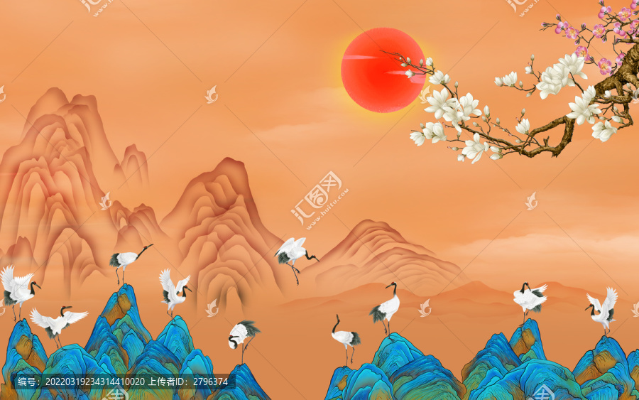 高端青綠山水手繪背景墻玉蘭