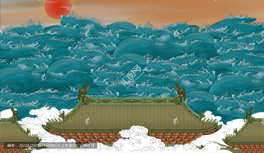 瑞鶴圖海浪背景墻酒店高端壁畫