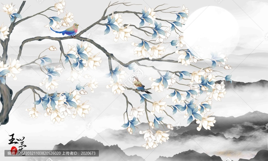 玉蘭花水墨山水畫(huà)