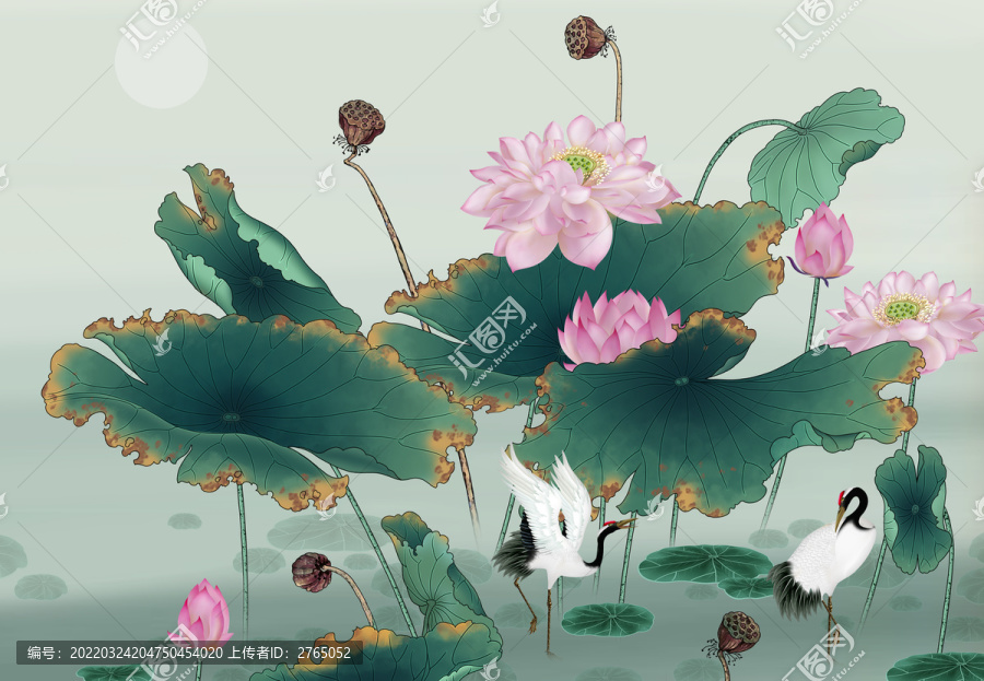 荷花仙鶴背景墻