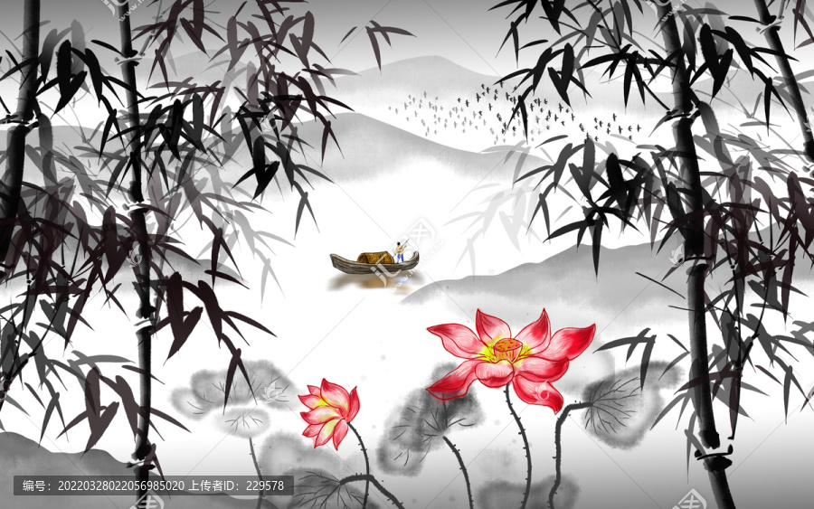 中式墨竹山水畫(huà)