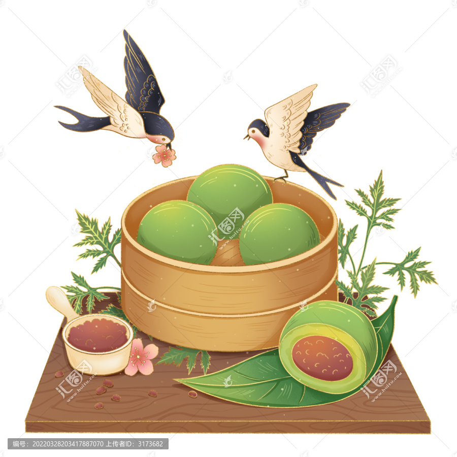 清明節(jié)青團美食寒食國潮插畫