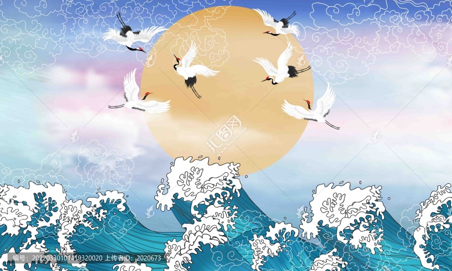 旭日東升仙鶴海浪