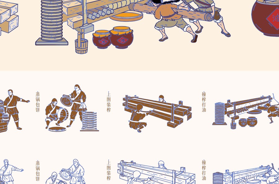 木榨油作坊插畫