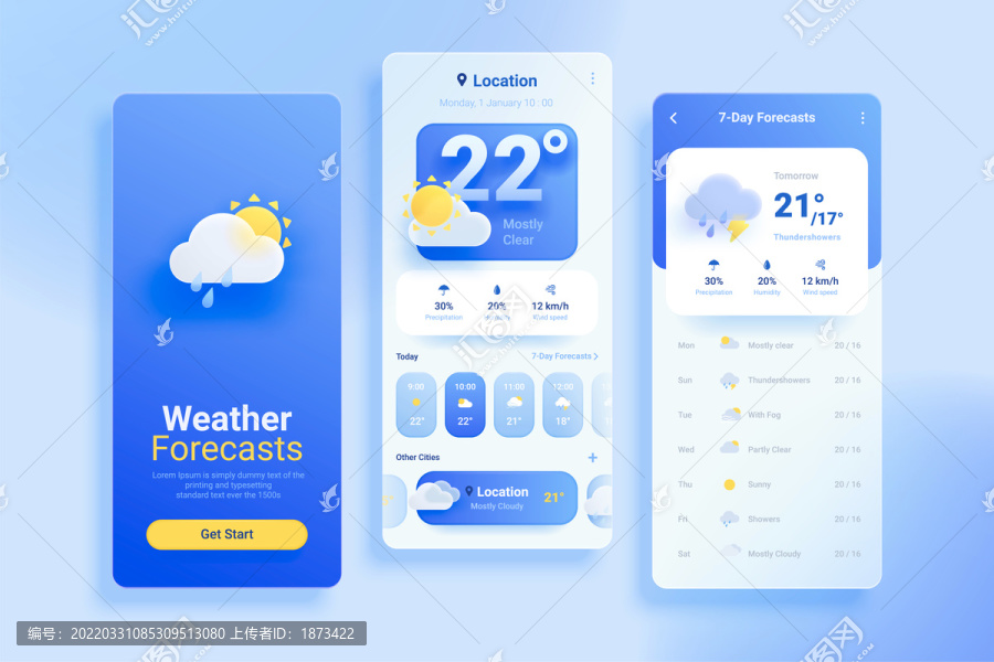 玻璃拟态UI界面设计,蓝色天气预报app