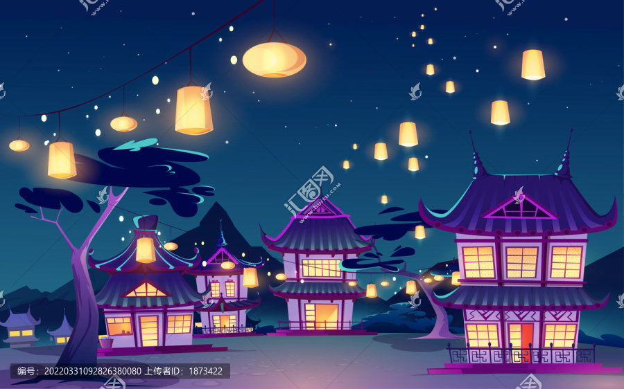 夜間廟宇燈籠高掛插圖