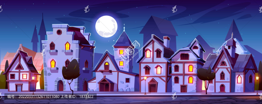 夜晚月光照亮,街景房屋插图