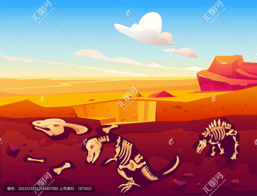 沙漠地質層,恐龍化石插圖
