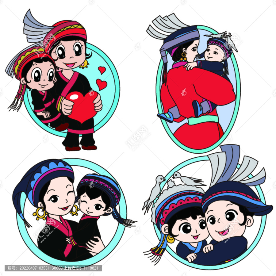 卡通瑤族母女母子親子插畫頭像