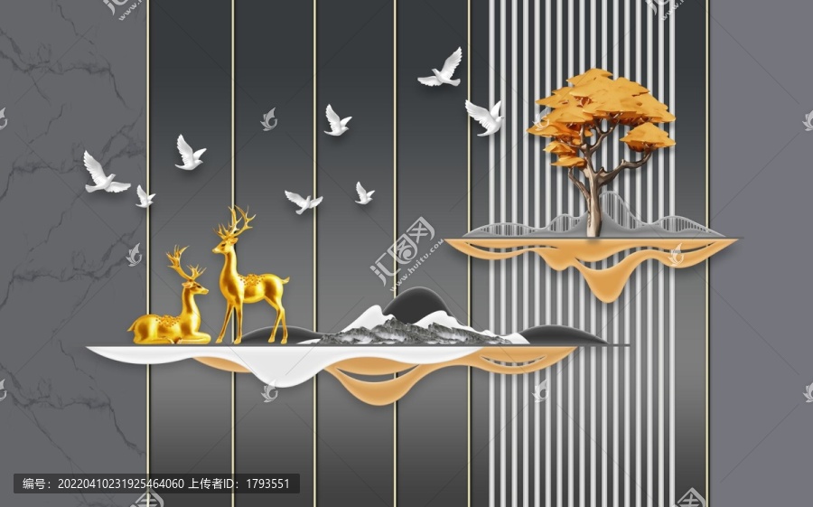新中式山水麋鹿背景墙