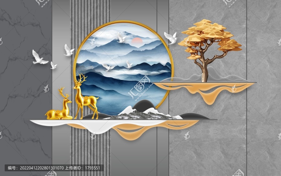 新中式輕奢麋鹿山水畫