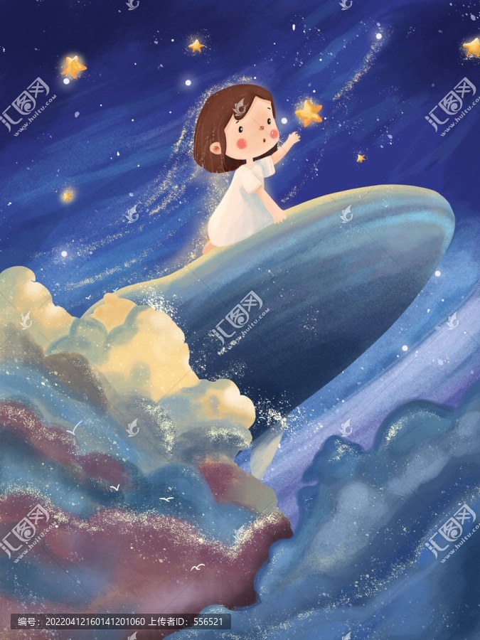 唯美夢(mèng)幻女孩和鯨魚(yú)星星插畫(huà)
