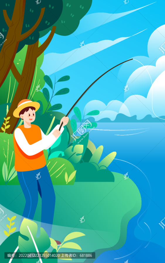 立夏節(jié)氣人物釣魚夏天湖面插畫