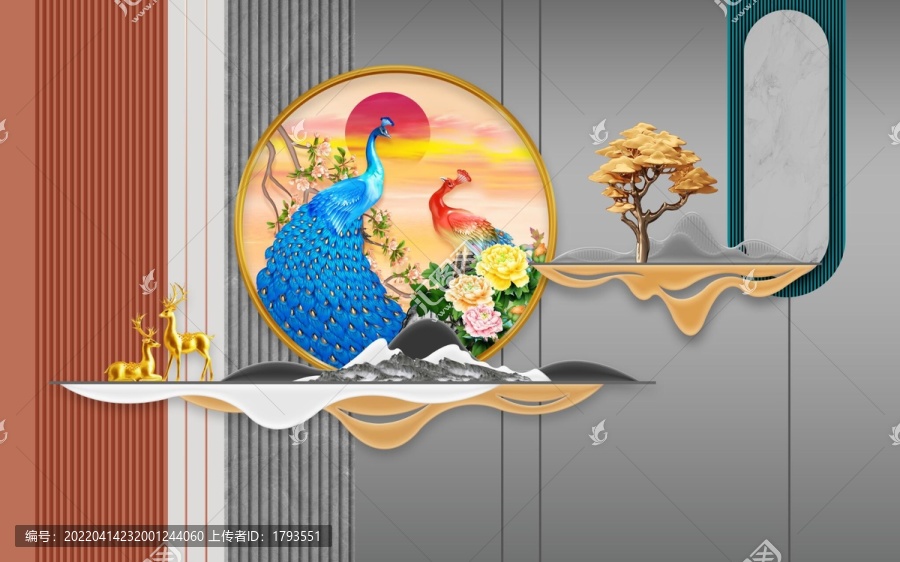 孔雀牡丹山水畫