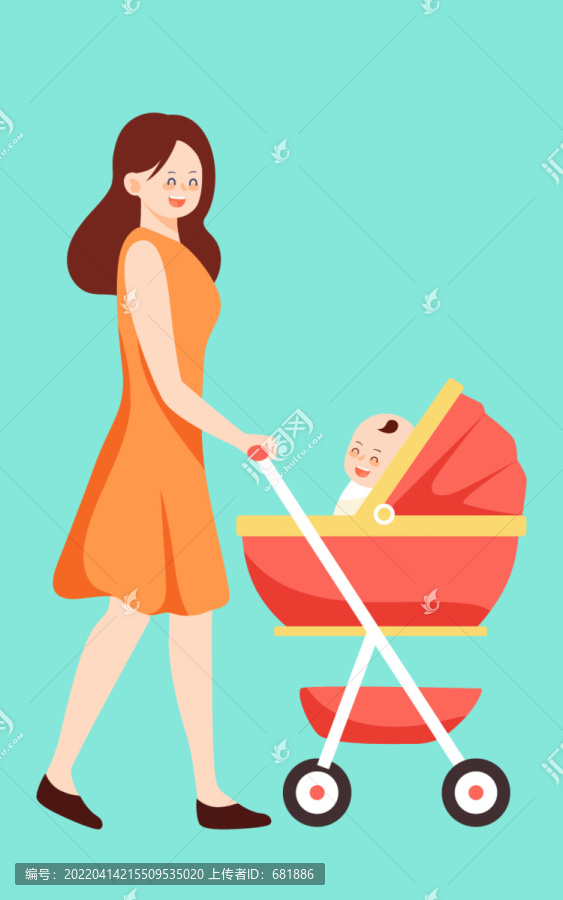 母親節(jié)媽媽推著嬰兒車散步插畫