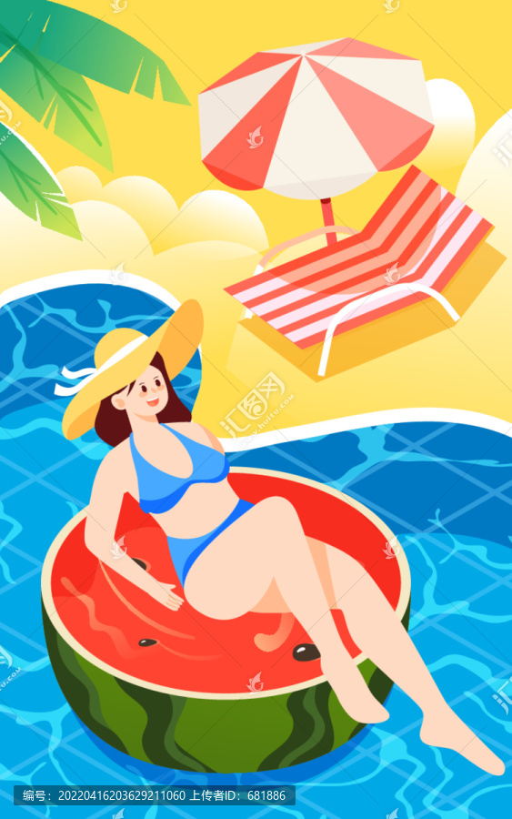 夏天泳池女孩泳裝游泳立夏插畫