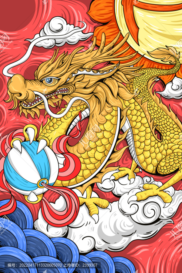 國潮龍神話動物背景插畫