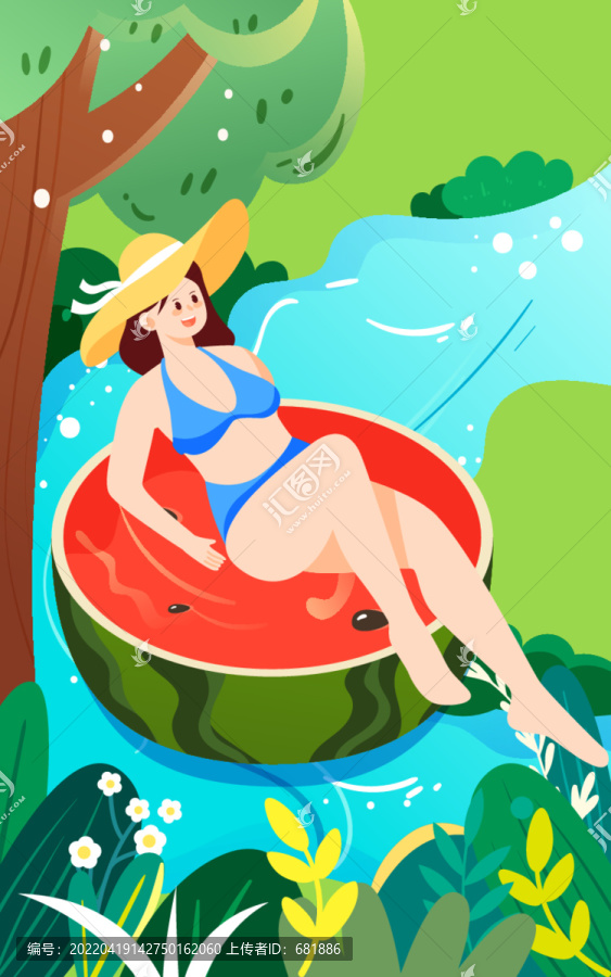 立夏節(jié)氣人物游泳夏天河流插畫