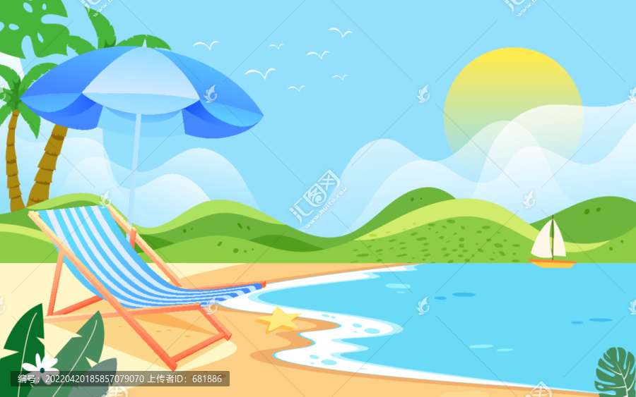 夏天海邊人物休閑乘涼立夏插畫