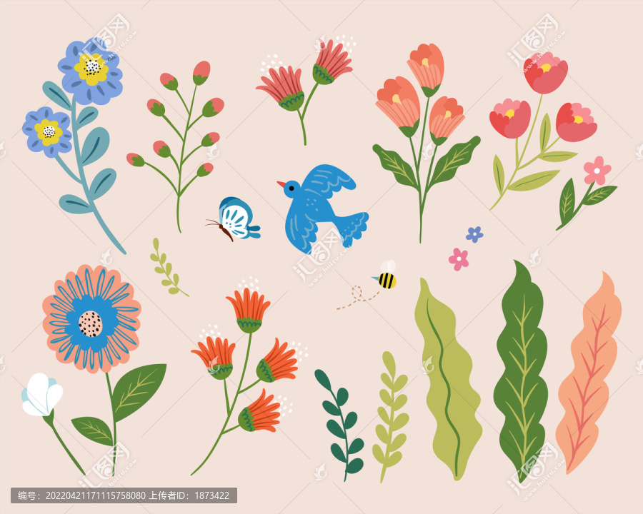 可爱植物花卉手绘插画元素