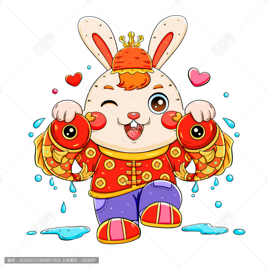 國(guó)潮可愛抓魚的兔子元素
