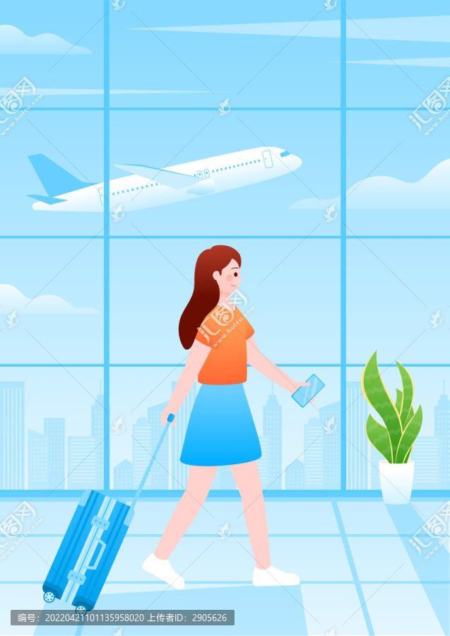 机场女孩乘飞机旅行矢量插画