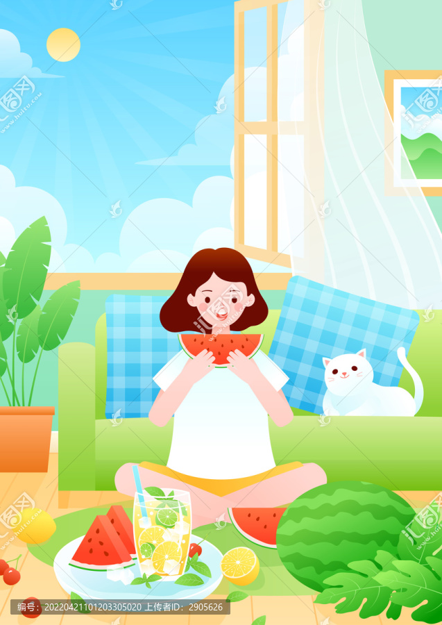 夏天女孩在室內(nèi)吃西瓜矢量插畫