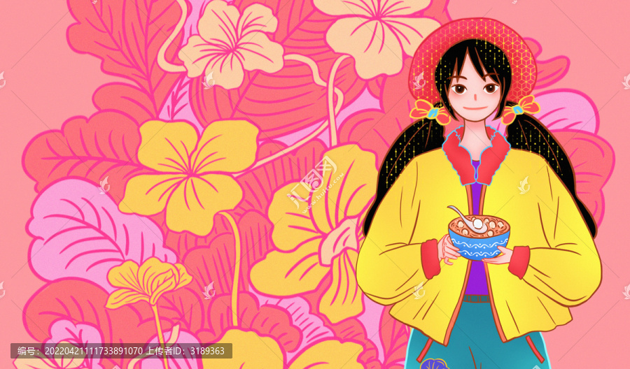 右邊女孩端湯圓粉色裝飾插畫