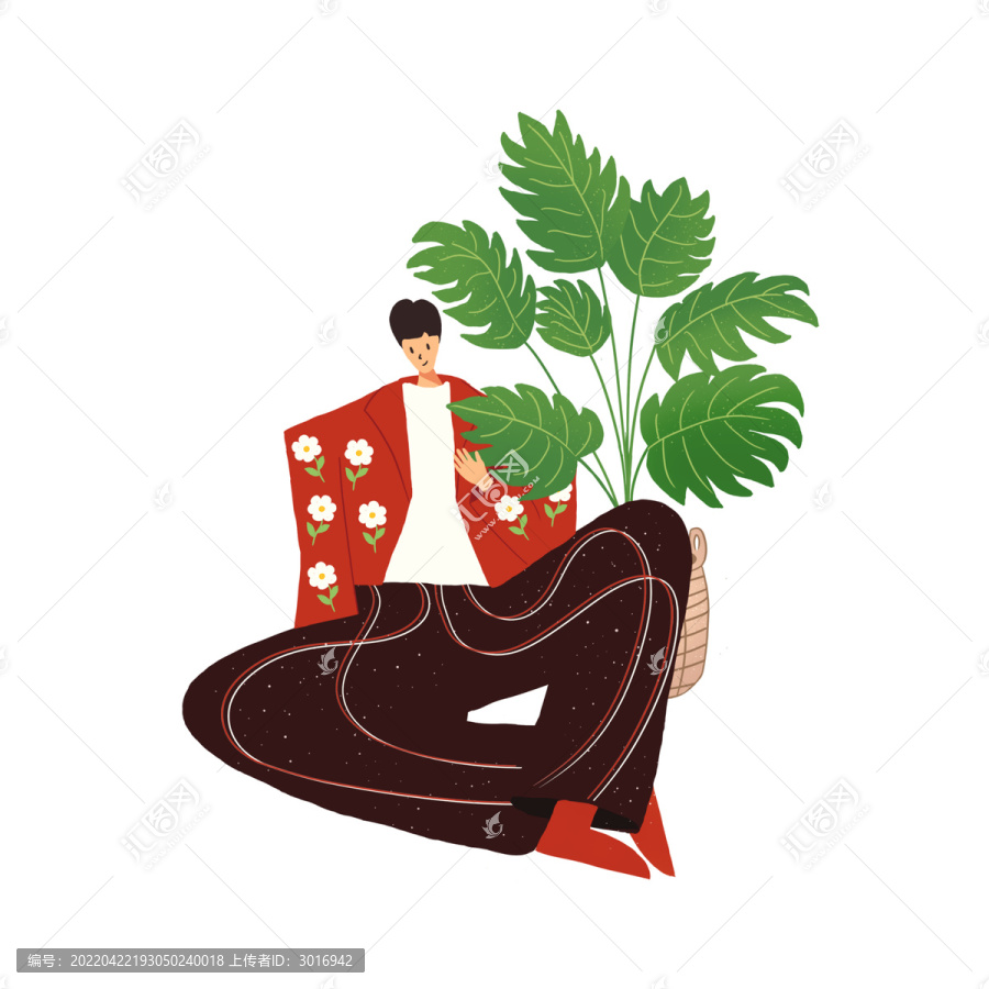 踏春扁平風創意男生植物插畫