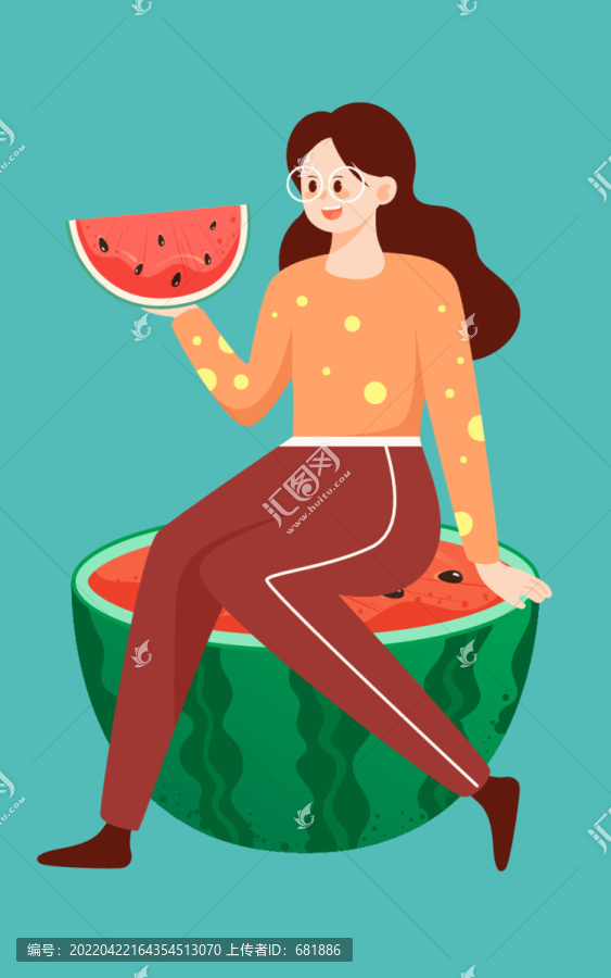 立夏節(jié)氣女孩吃西瓜夏天插畫