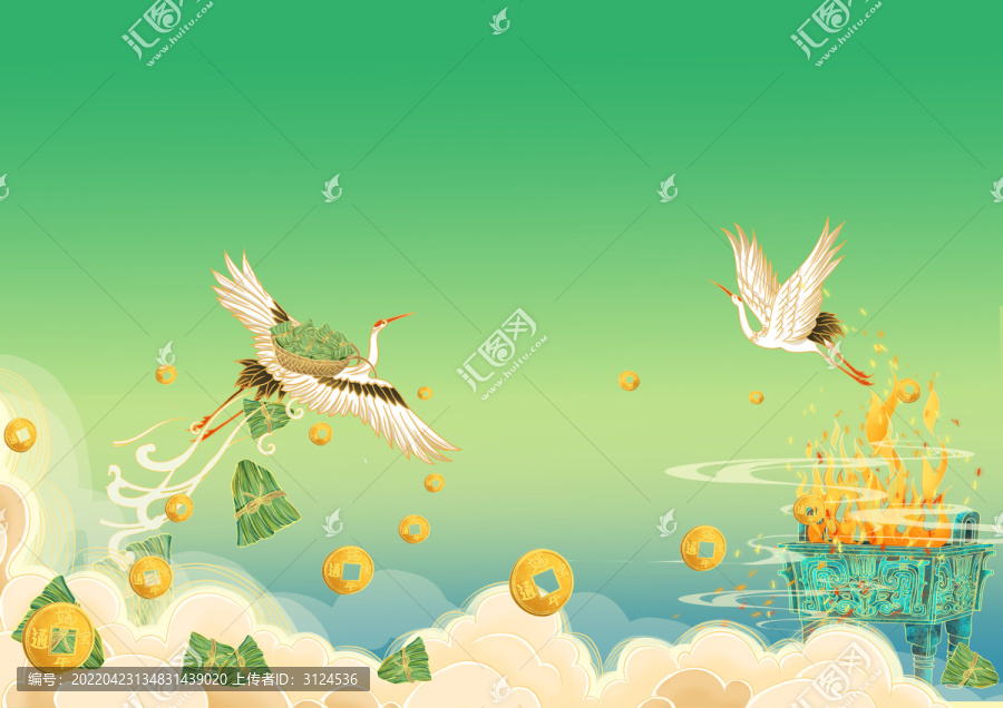 端午節(jié)國(guó)風(fēng)背景插畫(huà)仙鶴粽子