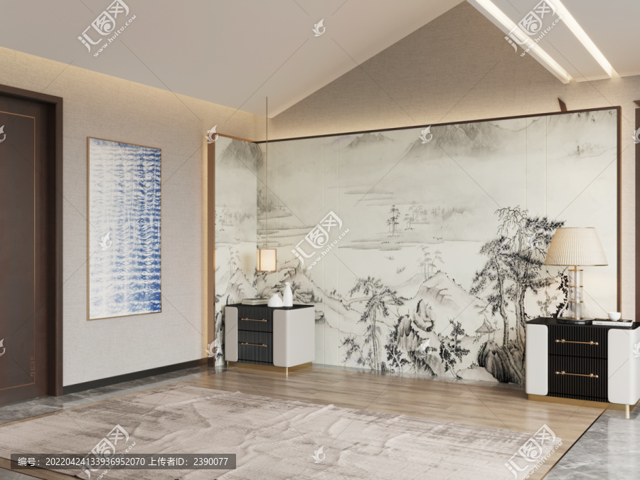 新中式臥室場景3D空景