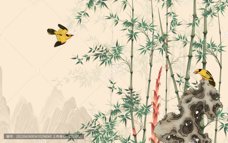 竹子假山背景墻花鳥(niǎo)