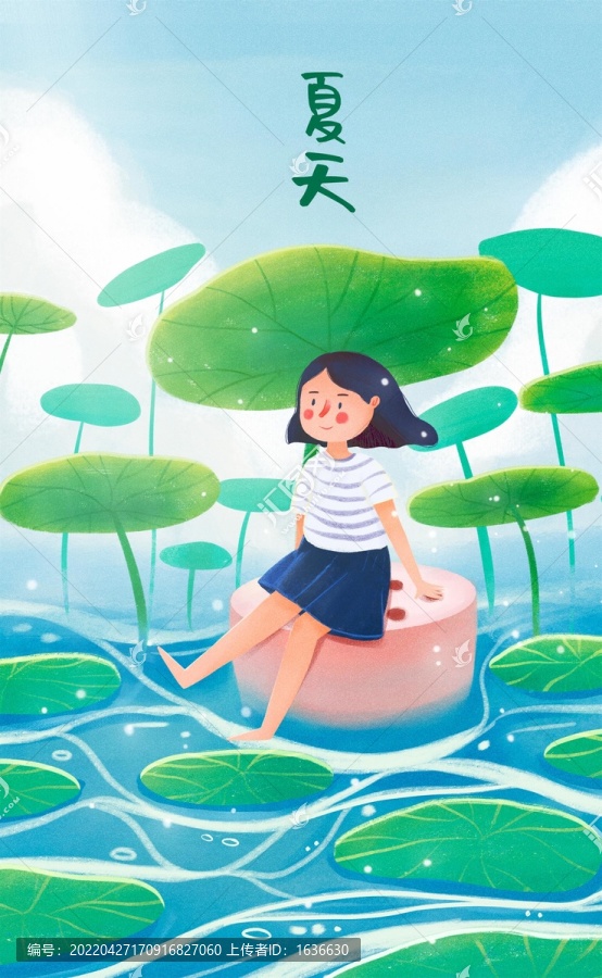夏天坐在蓮藕上的女孩
